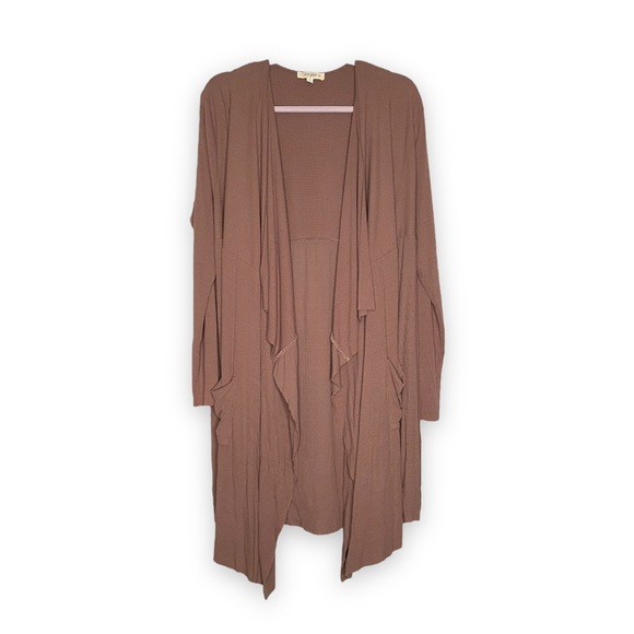 Umgee Long Cardigan Duster Waterfall Raw Hem Ribbed Mocha Tan XL - Picture 2 of 9